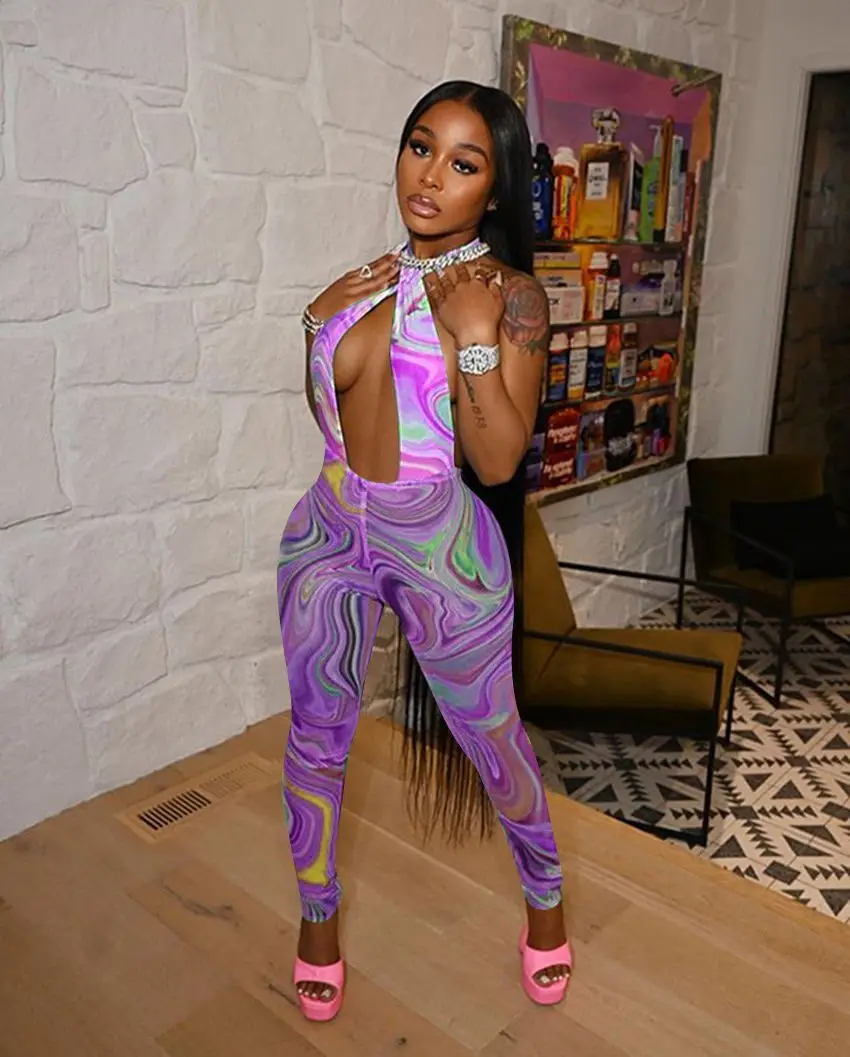 

Tie Dye print Halter Backless Sexy Jumpsuit Sexy Bodycon Sleeeveless Wrap V-neck Party Club Outfits Skinny Elegant Rompers