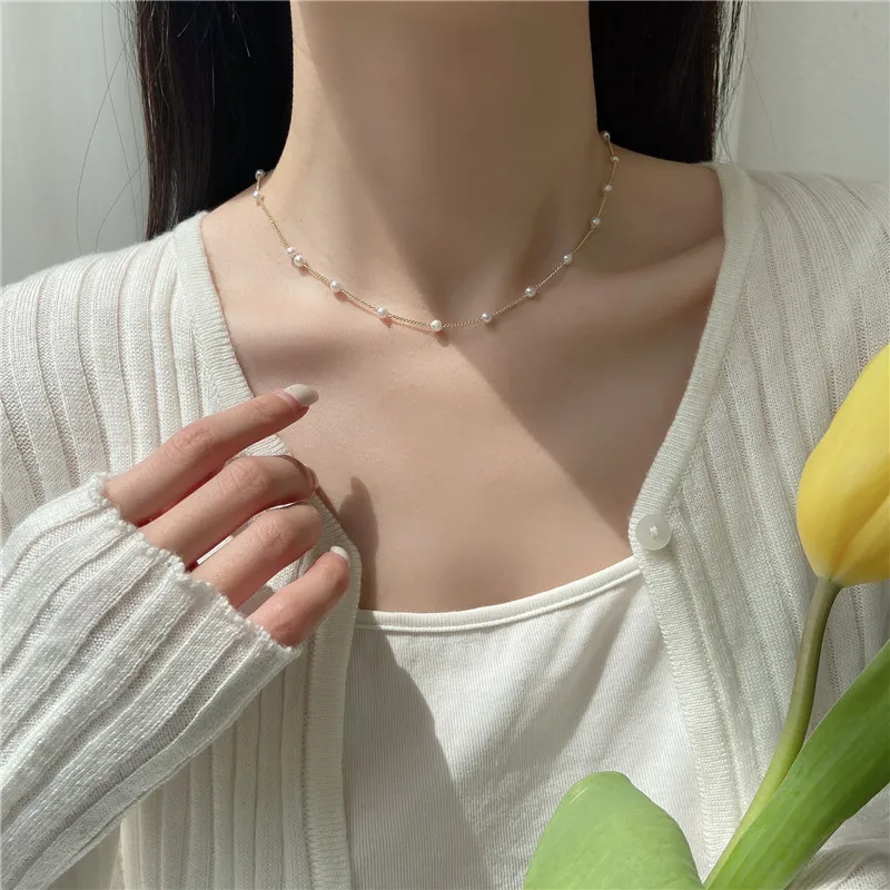 

New Beads Women's Neck Chain Korean Fashion Pearl Choker Necklace Gold Color Goth Chocker Jewelry On The Neck Pendant For Girl