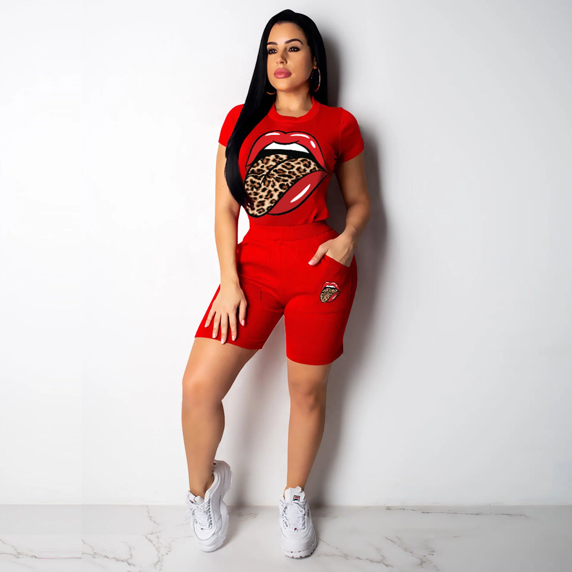 

new women print short sleeve t shirt and shorts casual 2 piece set