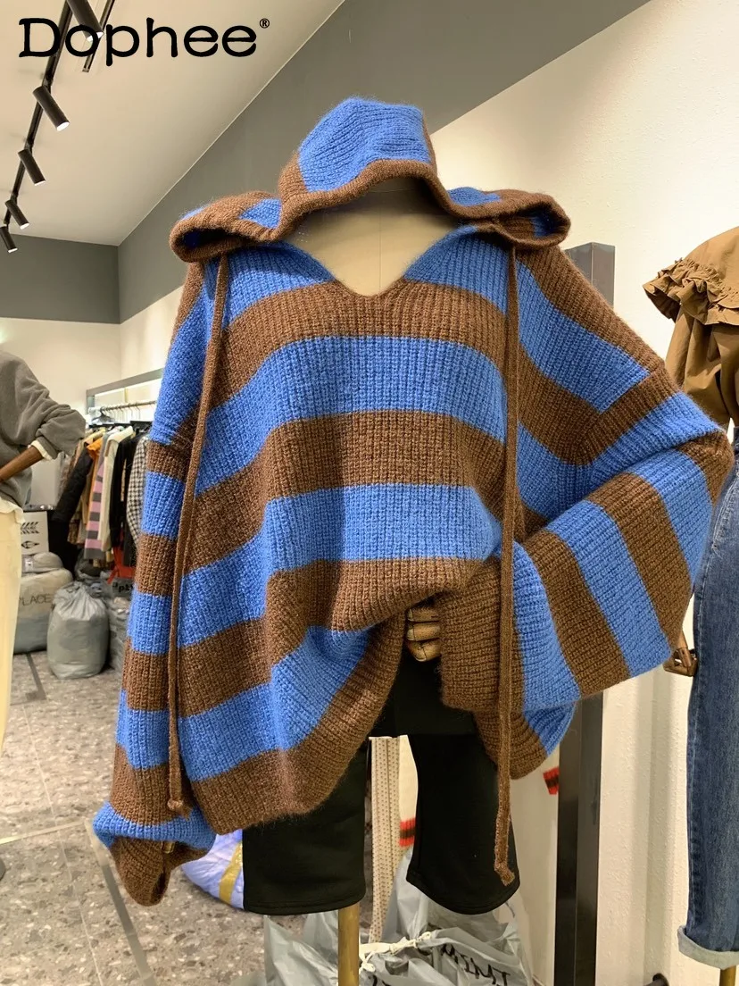 

Модный свитер в полоску в Корейском стиле на осень и зиму 2021, Свободный пуловер оверсайз в стиле ретро с капюшоном, свитер, женская трикотажн...