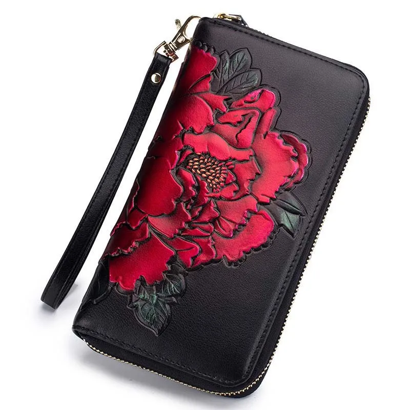 5PCS / LOT Peony hand-painted organ purse lady long multi-card leather large capacity rfid wallet Chinese style