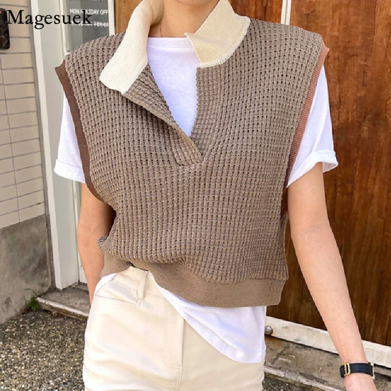 

Женский шерстяной трикотажный свитер-жилет с отложным воротником