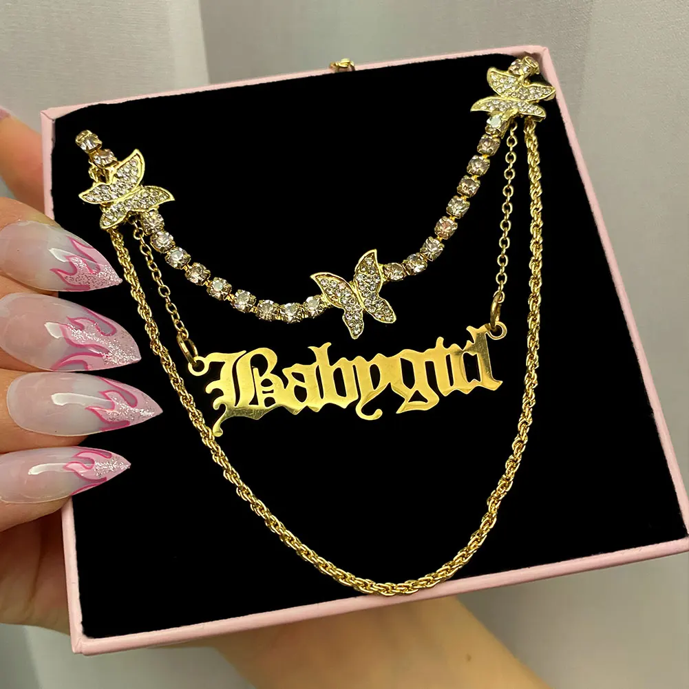 

Trendy Multi-layer Gold Butterfly Crystal Tennis Choker for Women Punk Babygirl Letters Pendants Long Twisted Chain New Jewelry