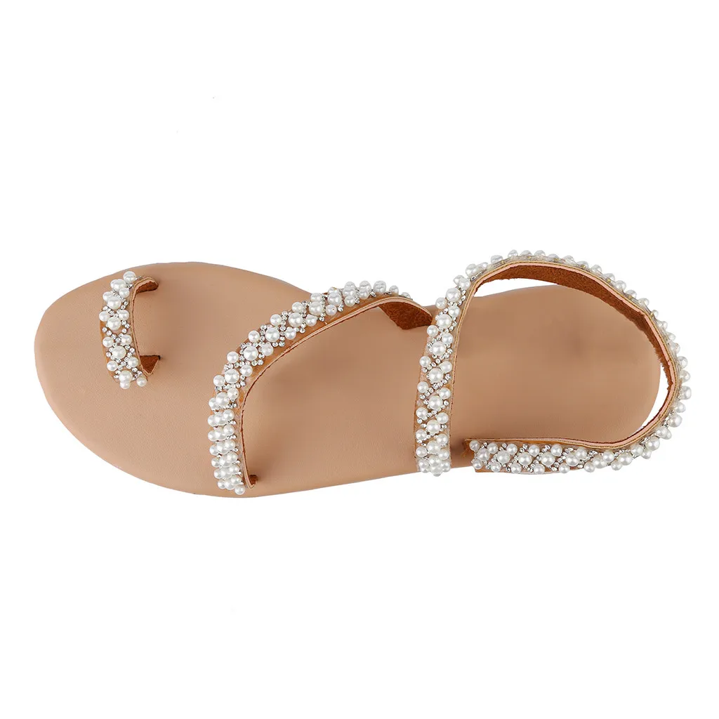 

New Fashion Women Summer Sandals Crystal Pearl Flat-soled Casual Sexy Shoes Wedding Summer Beach Sandals In Stocks
