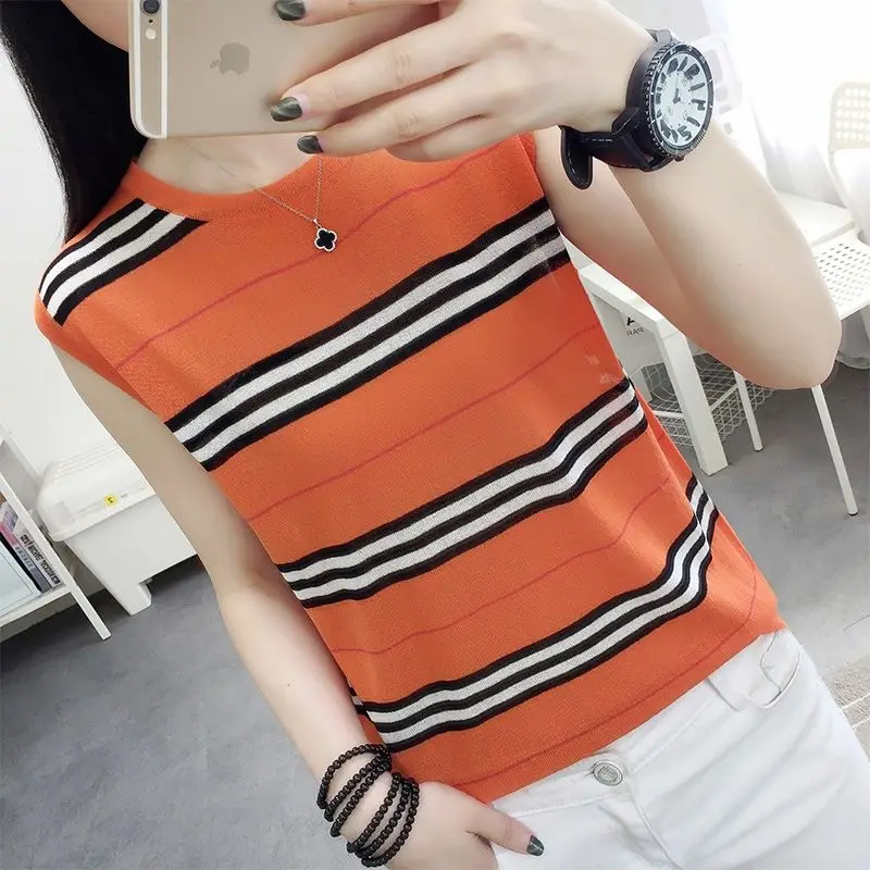 

Large Ice Silk T-shirt 2021 Autumn Loose Stripe Suspender Vest Women's Thin Sleeveless T-shirt