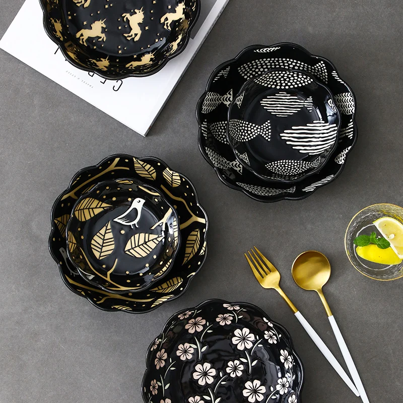 

2 Pcs Colorful Glazed Ceramic Salad Bowl Set Lotus Shape PorcelainTableware Rice Noodle Underglaze Color Support Oven CZY058956