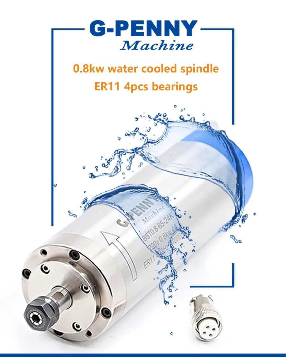 220v 800 Вт с водяным охлаждением двигатель шпинделя ER11 деревообрабатывающие шпинделя 0.8kw 400 Гц фрезерный станок с ЧПУ с водяным охлаждением 65x195 мм 4 Подшипники
