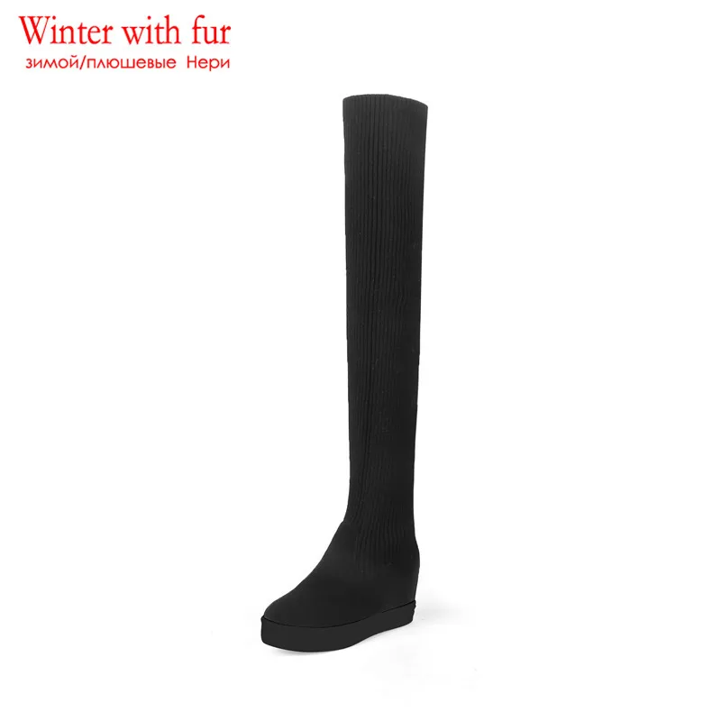 balck1 with fur MEMUNIA/три способа носки; женские ботинки на танкетке; однотонные Женские Сапоги выше колена с круглым носком; Цвет Черный; повседневные женские ботинки - Цвет: balck1 with fur