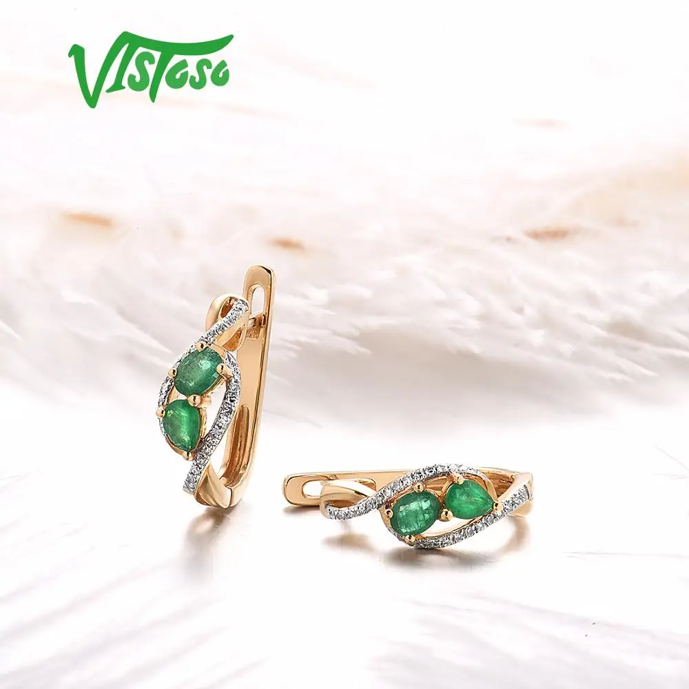 

VISTOSO Gold Earrings For Women Pure 14K 585 Yellow Gold Glamorous Natural Emerald Sparkling Diamond Lovely Gift Fine Jewelry