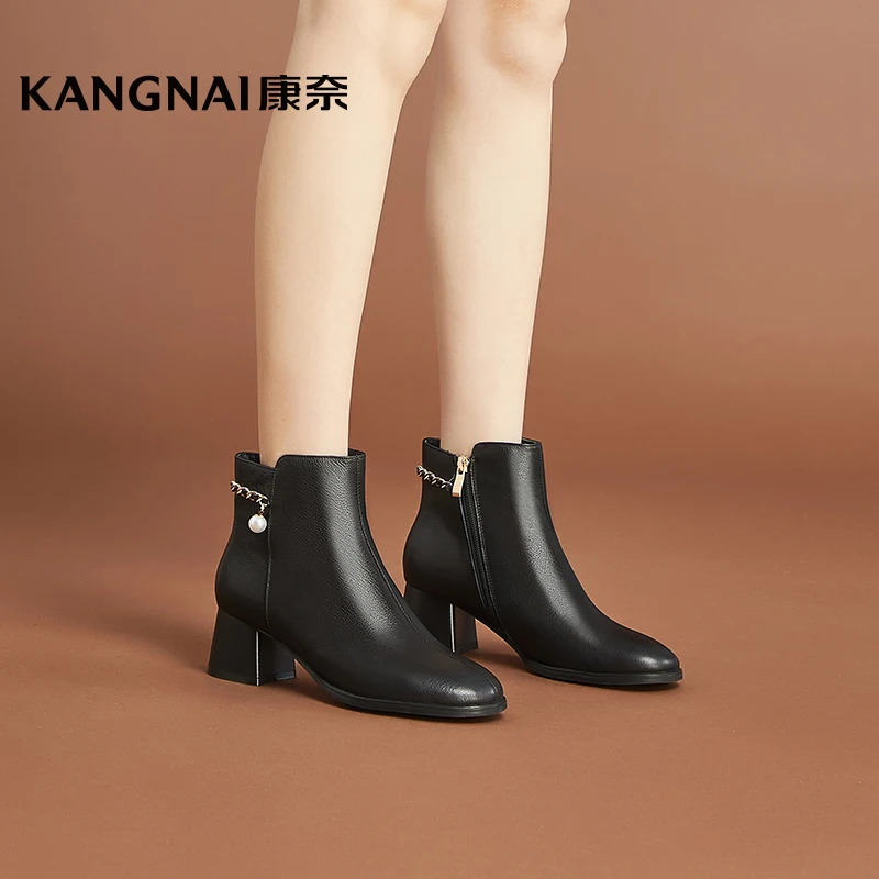 

KANGNAI Ankle Boots Women Warm Plush Cow Leather High Heels Zipper Winter Shoes Round Toe Office Ladies Modern Boots