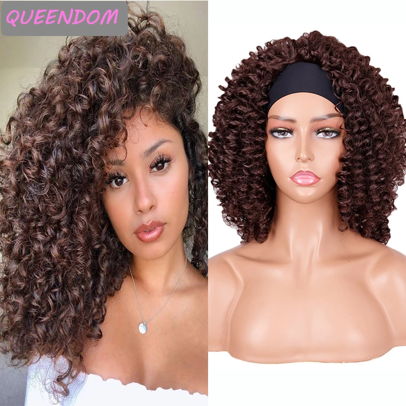 

14 Inch Afro Kinky Curly Head Band Wig Short Afro Curly HeadWrap Women's Wigs Natural Heat Resistant Synthetic Cosplay Scarf Wig