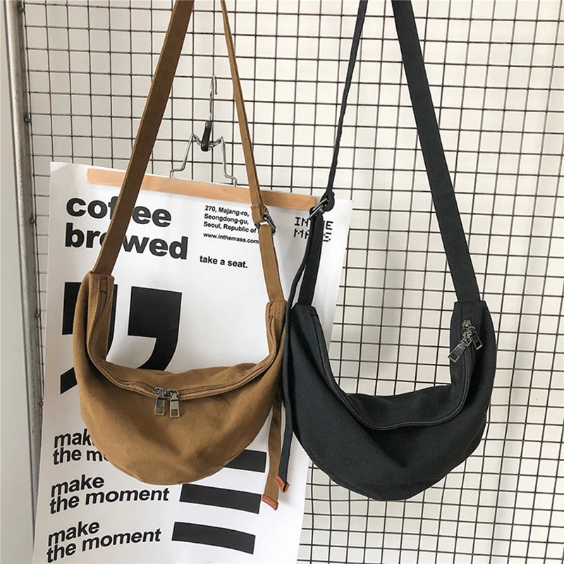 

Fashion Canvas Shoulder Bag For Women Large Capacity Crossbody Bag Simple Solid Color Dumpling Bag Travel Handbag Female Totes