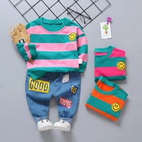 2021 autumn baby clothes children boy girl sport striped smiling face tops patch jeans 2pcssets toddler clothing kids tracksuit