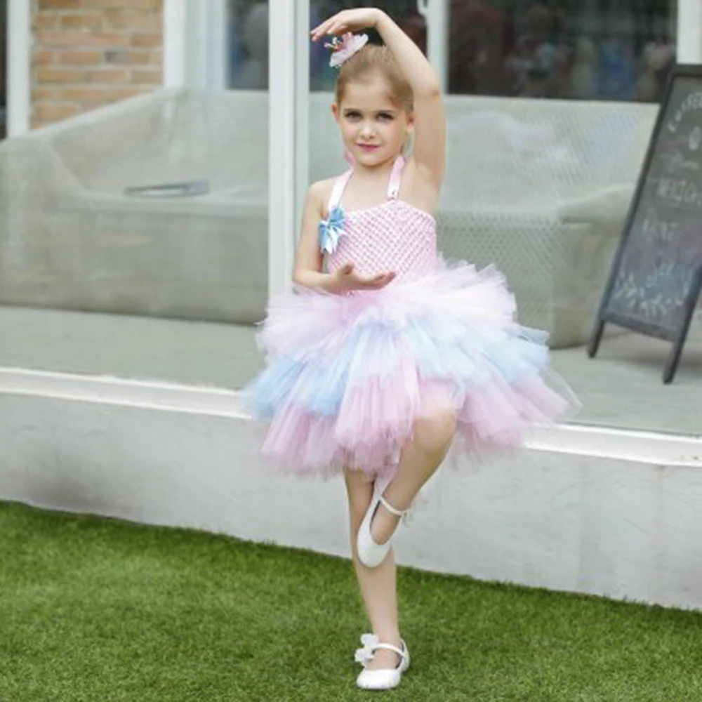 Розовые вечерние платья для девочек многослойное фатиновое платье с цветочным