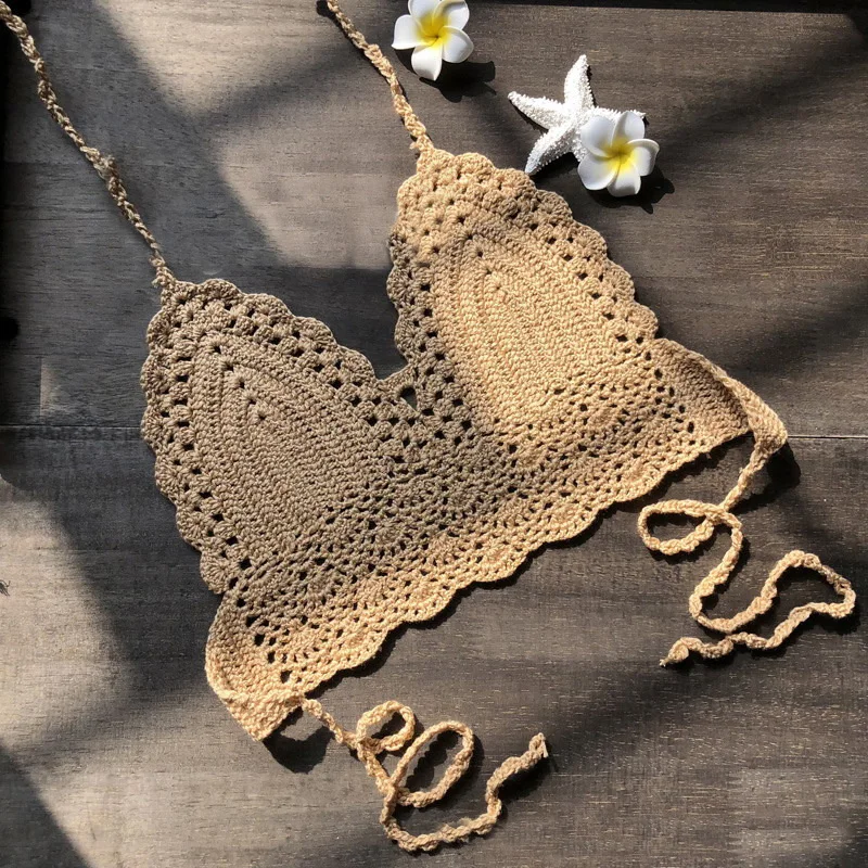 Женский вязаный крючком кружевной Бралетт с вырезами Бохо пляжный Бикини Холтер