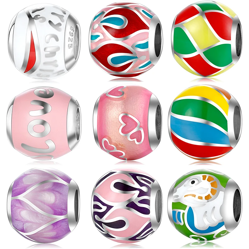 

New 925 Sterling Silver Fashion silver love pink round enamel jewelry beads Fit Original Women Charm Bracelet Jewelry making