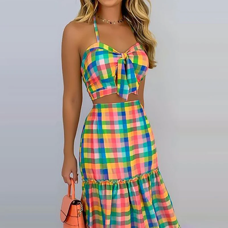 

Women Summer Boho Beach Two Piece Dress Set Sexy Skirt Set Crop Top+Maxi Long Skirt Plaid Printed Ruffles High Waist Casual Set