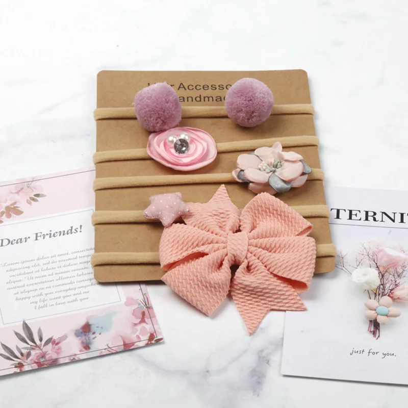 5Pcs/Set Cute Pompom Baby Headband Princess Bows Flower Hair Band Turban Soft Elastic Girls Accessories Headwear | Детская одежда и