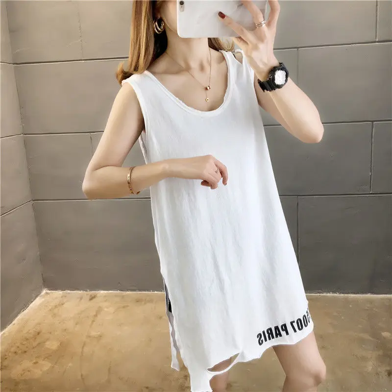 

New Spring And Summer New Hole Letter All-Match Vest Women'S Mid-Length Bag Hip Side Slit Sleeveless Bottoming Shirt