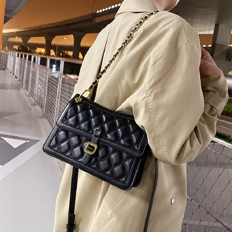 

women novelty classic design diamond lattice chain flap crossbody bag for lady pu leather black khaki brown shoulder bag