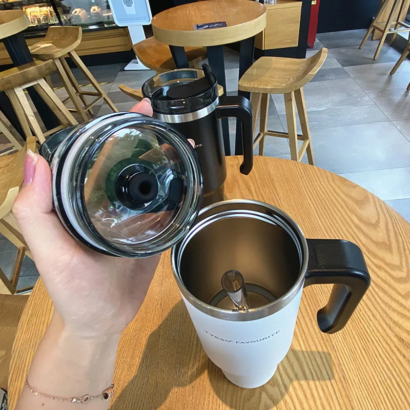 Creative Double Stainless Steel Coffee Mug Fashion Portable With Handle Car Ice Mugs Vacuum Flask Thermos Bottle Straw | Дом и сад