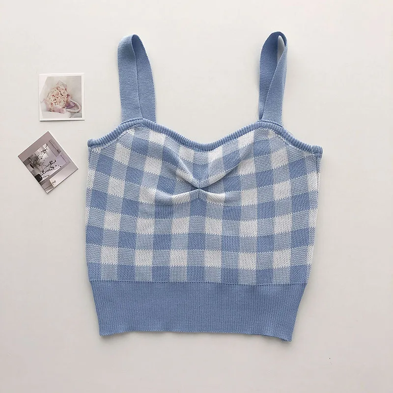 Женские клетчатые вязаные топы с жемчужным дневником короткие шикарные без