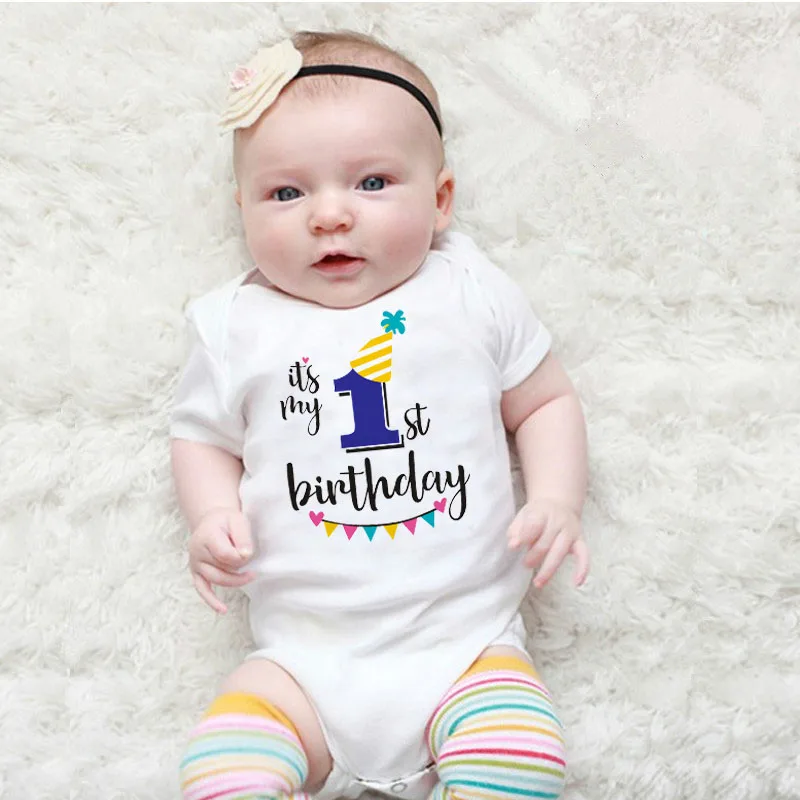 

Newborn Baby Short-sleeved Baby Rompers My First Birthday Letter Print Girls Boys Clothes Baby Boy Birthday Party Clothes 0-24M