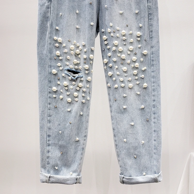 Женские джинсовые шаровары с жемчужинами и стразами повседневные свободные