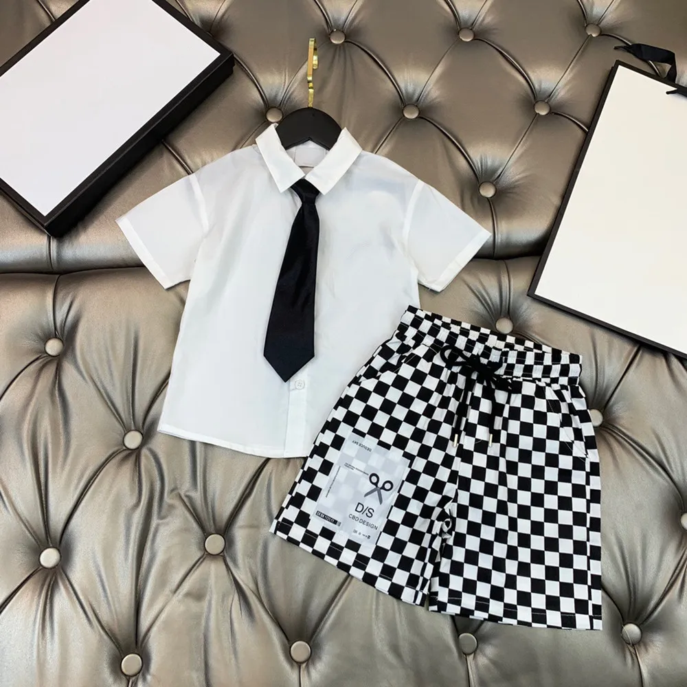 

High-end custom 2021 summer new boys and girls suit lapel short-sleeved shirt plaid shorts two-piece suit