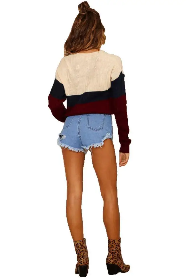 

Mandylandy Autumn and Winter Fashion Long Sleeve Stitching Loose Sweater Women's Casual Pullover O-Neck Knitted Sweater