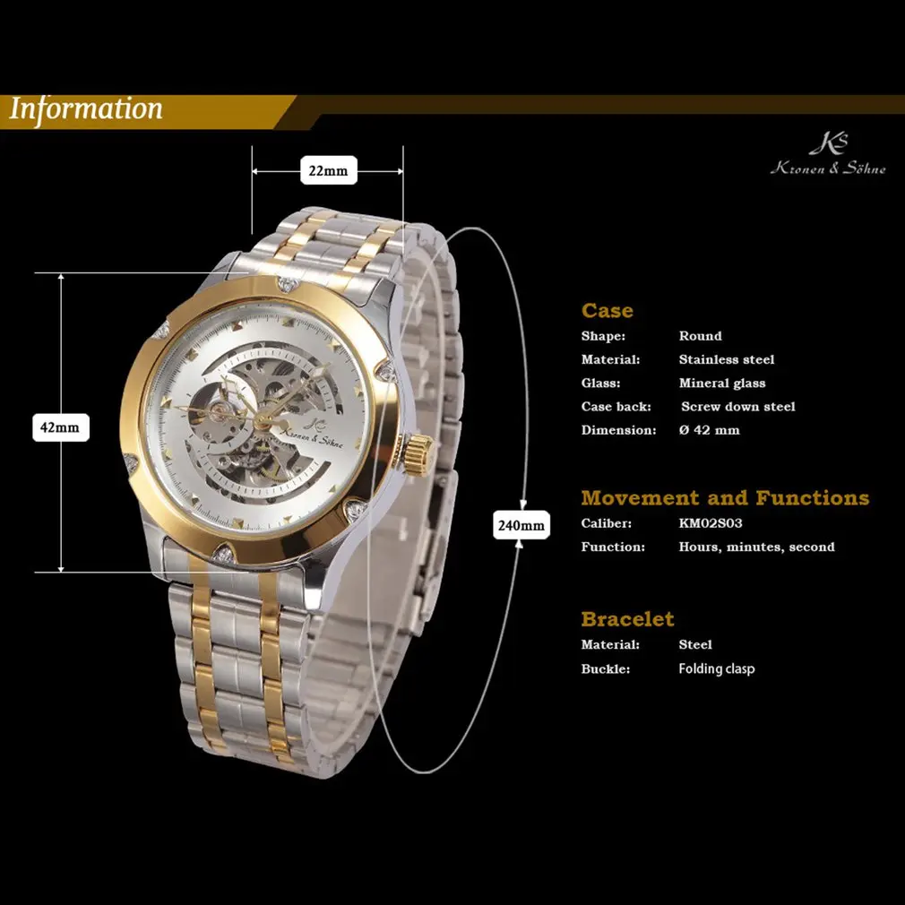 

KS NAVIGATOR Series Golden Case Luxury Skeleton Transparent Case Back Men Gent Automatic Mechanical Stainless Steel Watch /KS207