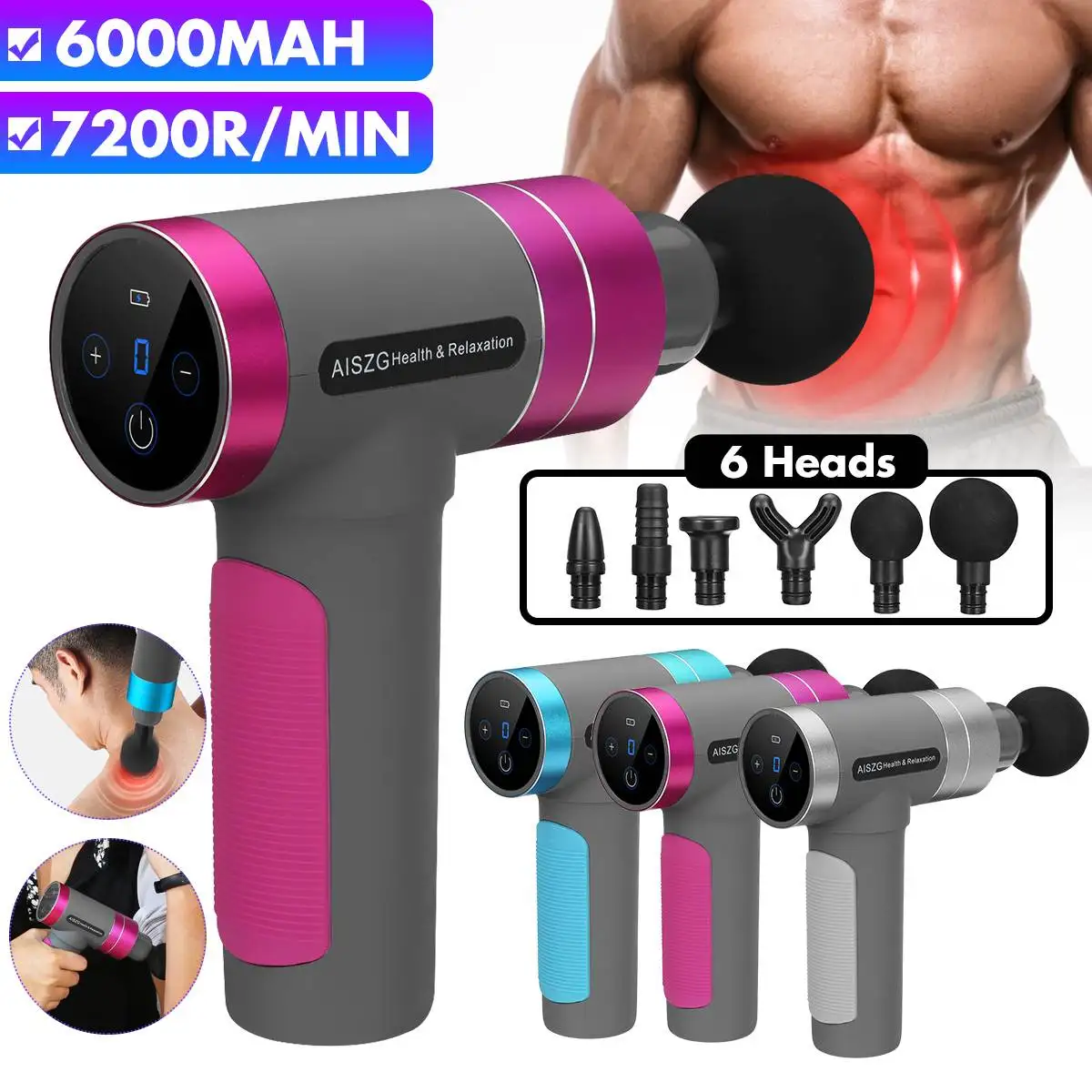 

Muscle Massage Gun 7200r/min Profession Sport Therapy Massager Body Relaxation Pain Relief Slimming Shaping Massager 6 Heads