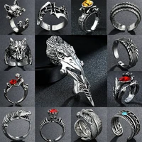 punk vintage animalfeatherleaf crystal open ring male jewelry european men gothic rock metal color adjustable ring anillo