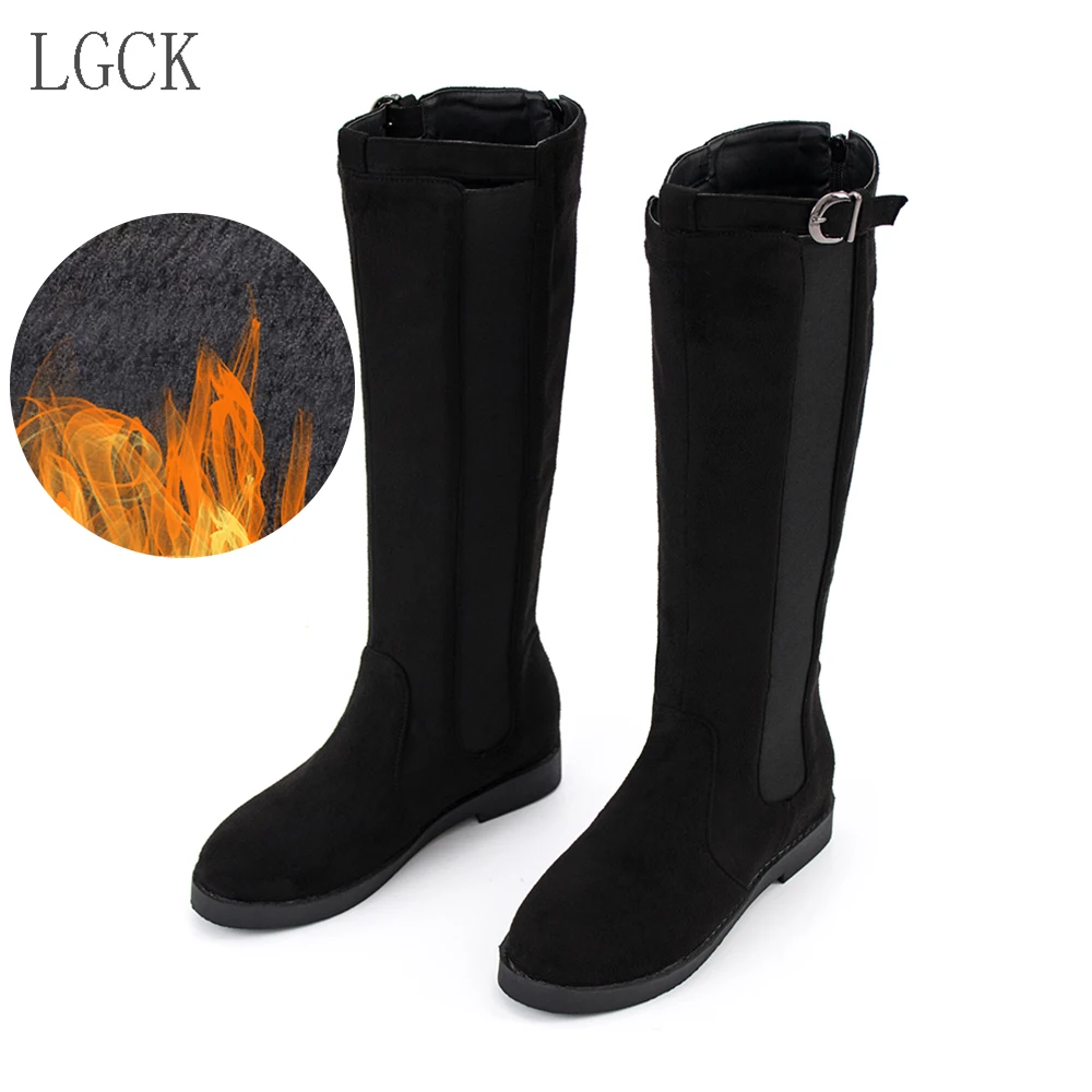 black flock fur Большие размеры 34-46; модные зимние женские сапоги для верховой езды; мотоботы на низком каблуке; осенние женские высокие сапоги на молнии с пряжкой; высокие сапоги - Цвет: black flock fur