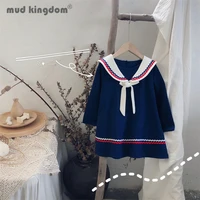 mudkingdom fashion girls dress print bow long sleeve sailor collar a line college style dresses for kids autumn school clothes