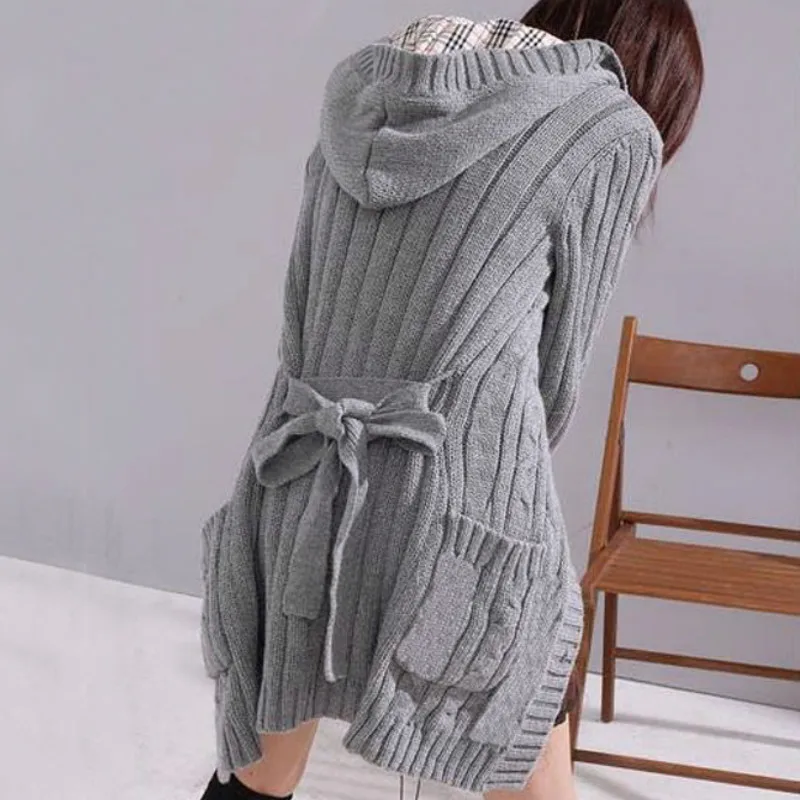 Hooded Knitted Cardigan Trench Coats Outwear Twisted Crocheted Sweater with Hat Belt Single-Breasted Long Sleeve Jacket Tops |