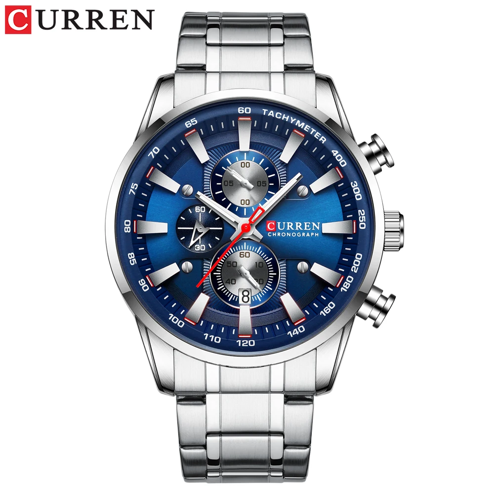 silver blue CURREN Лидирующий бренд часы для мужчин модные кварцевые спортивные наручные часы с хронографом Дата часы из нержавеющей стали мужские часы - Цвет: silver blue