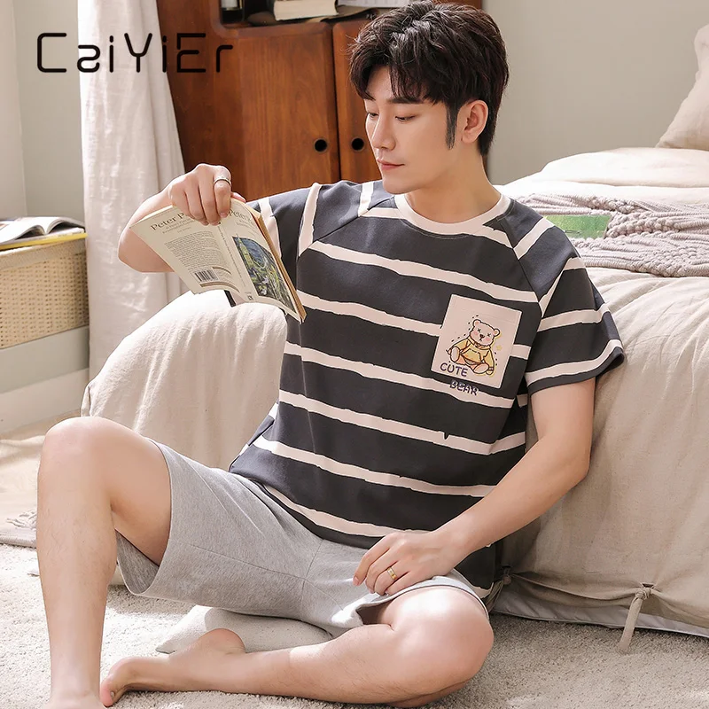 CAIYIER New Summer mens pajamas Short Sleeve Shorts Cartoon Print Sleepwear Casual Striped Pyjamas Suit men cute nightwear L-3XL