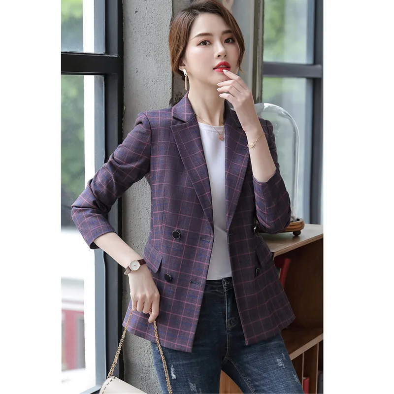 Женский клетчатый пиджак Осенний офисный винтажный с длинным рукавом деловой