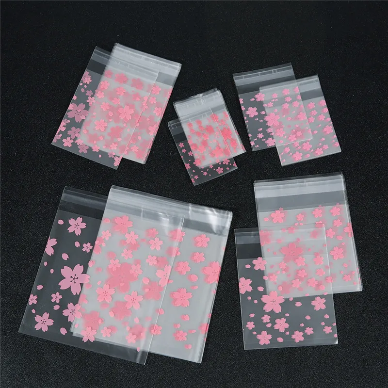 

100pcs/lot Transparent Frosted Pink Bags Cherry Blossoms OPP Wedding Candy Bag Cookie Biscuits Cake Christmas Gift Packaging Bag