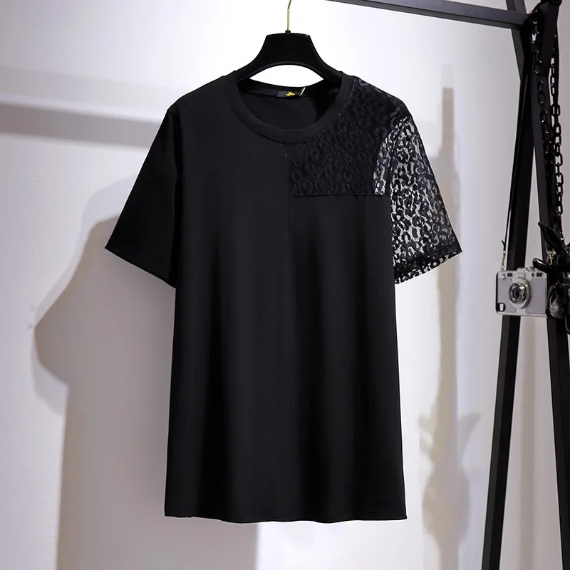 

Plus Size One Size Lace Summer Femme T-shirts Short Sleeve Harajuku Loose Black Tee Shirt Streetwear Sexy Women Clothing Tops FY