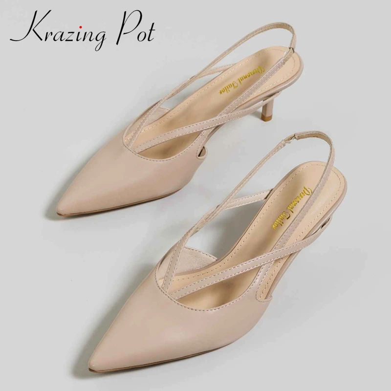 

Krazing Pot new korean girls full grain leather streetwear superstar pointed toe thin high heel slip on charming women pumps L40