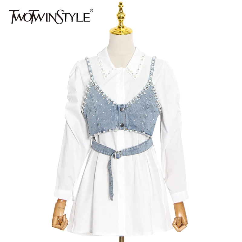 

TWOTWINSTYLE повседневный костюм с жемчужинами для женщин, рубашка, свободная, с отворотом, с пышными длинными рукавами, женская джинсовая жилетк...