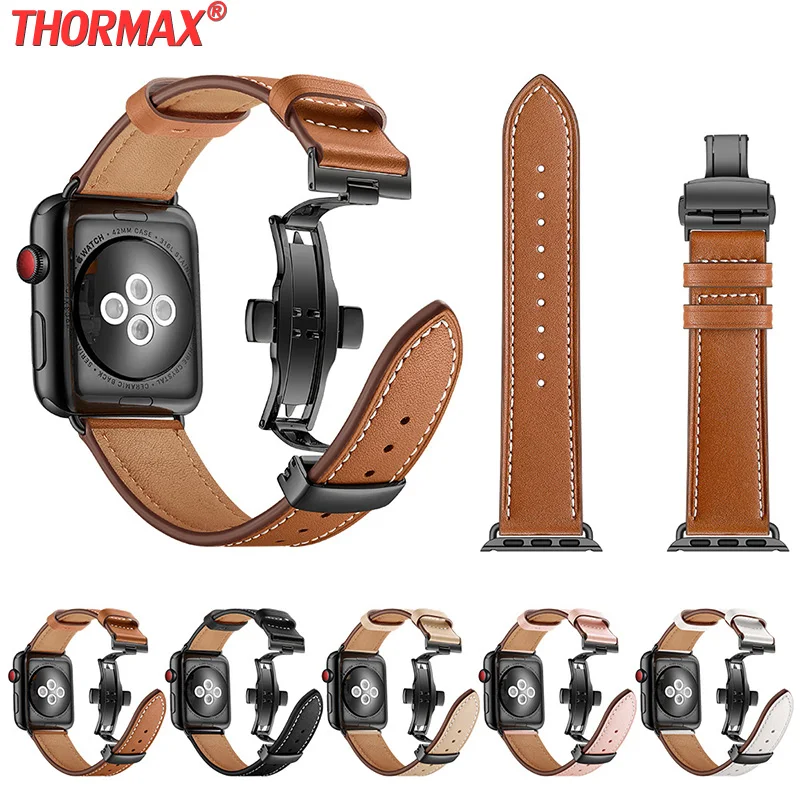 Кожаный ремешок для Apple Watch Series 5 4 3 44 мм 40 черный браслет с застежкой бабочкой iWatch
