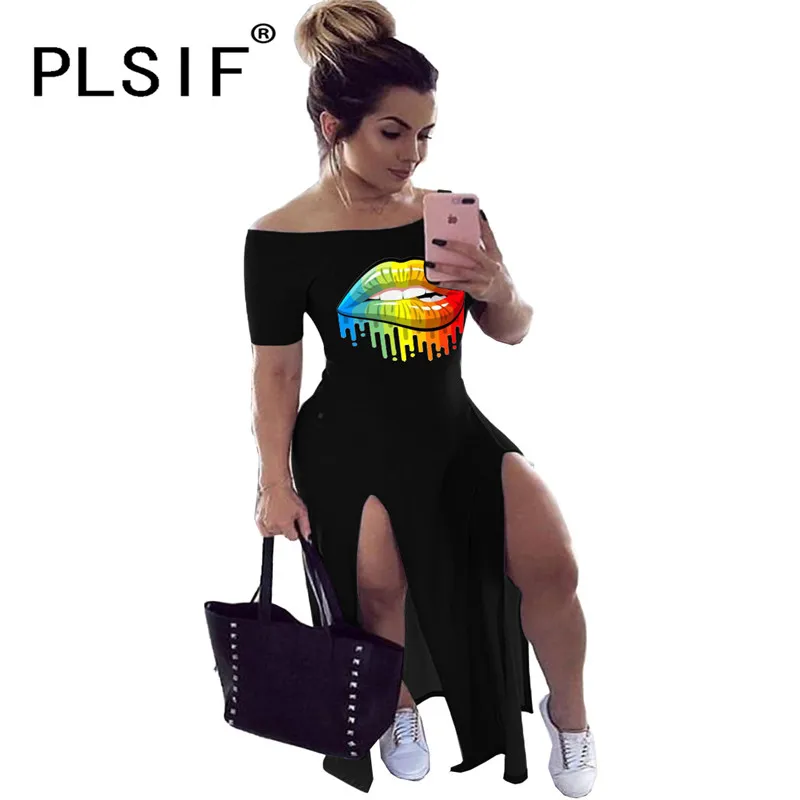 Женское платье с принтом радужных губ летнее сексуальное вырезом лодочкой и