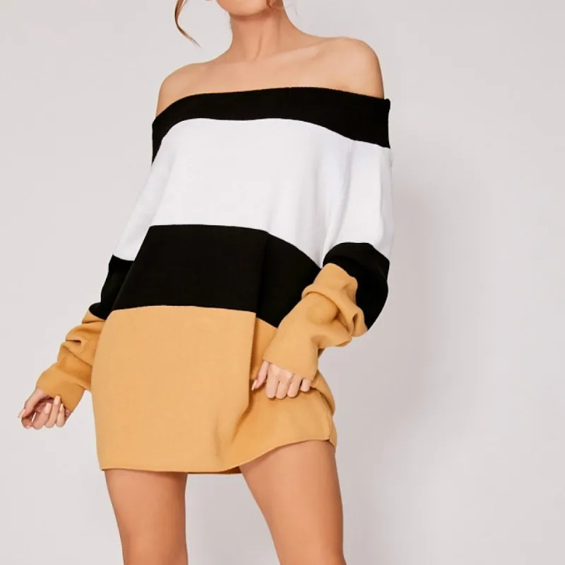 2019 сексуальное Полосатое свободное мини-платье с длинным рукавом и открытыми