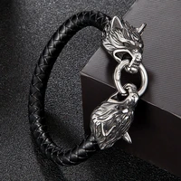 men punk double wolf head bracelet stainless steel rock bangles charm leather fashion jewelry friend gift handmade accessories