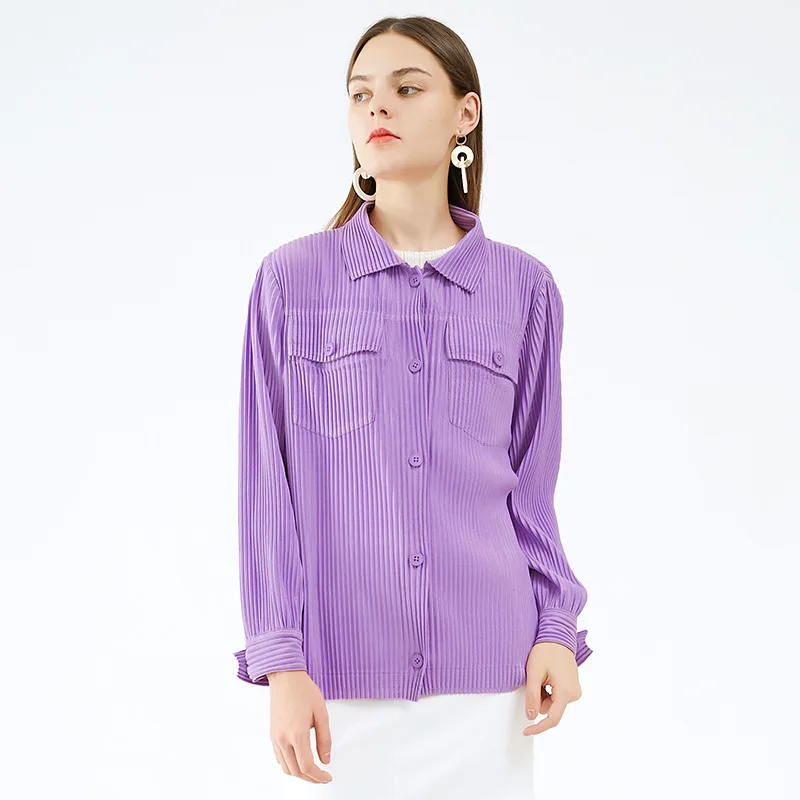 Shirt For Women 45-75kg Autumn 2022 New Elastic Miyake Pleated Turn Down Collar Long Sleeved Solid Color Purple Shirt