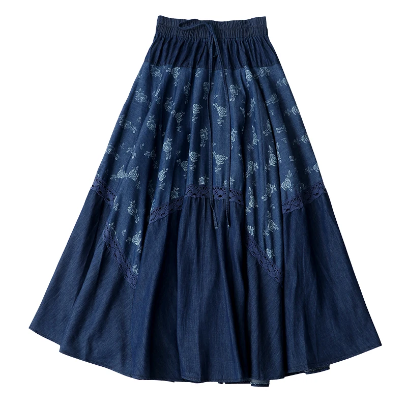 

2019 Long Maxi A-line Skirts Women Elastic Waist Spring And Autumn Denim Jeans Blue Skirt With Holes Lady Skirt Jupe Femme