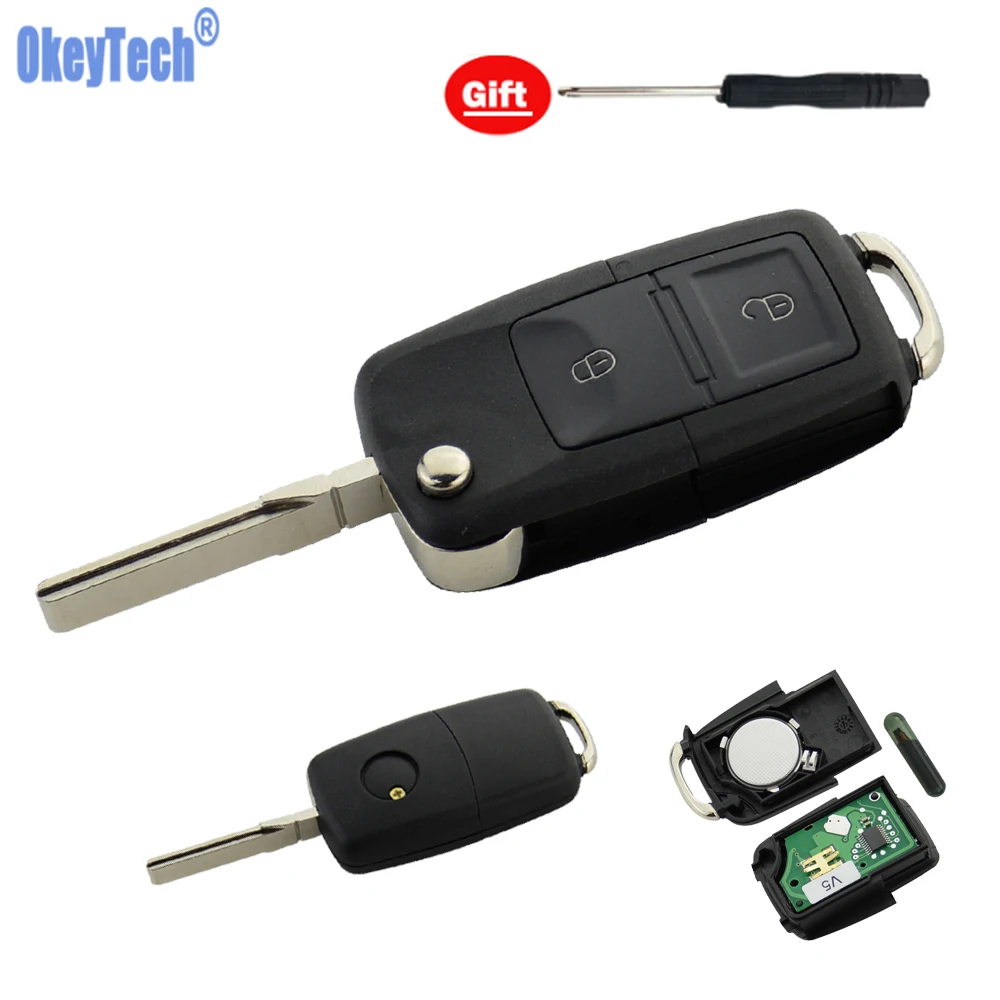 

OkeyTech For VW-w Volkswagen Passat Bora Polo Golf 2 Button Flip Folding Switchblade Remote Car Key 433Mhz ID48 Chip HU66 Blade